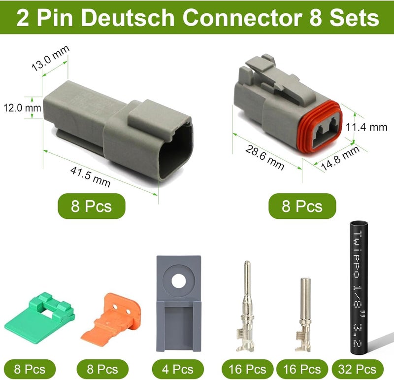 Twippo 2 Pin Deutsch Connectors Kit 8 Sets, Gray DT Connector Kit, 2 Wire Automotive Electrical Waterproof Connectors with 32pcs Shrink Tubing Kit 22-16AWG - Image 2